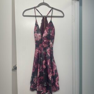 Floral pink and red knee length homecoming dress